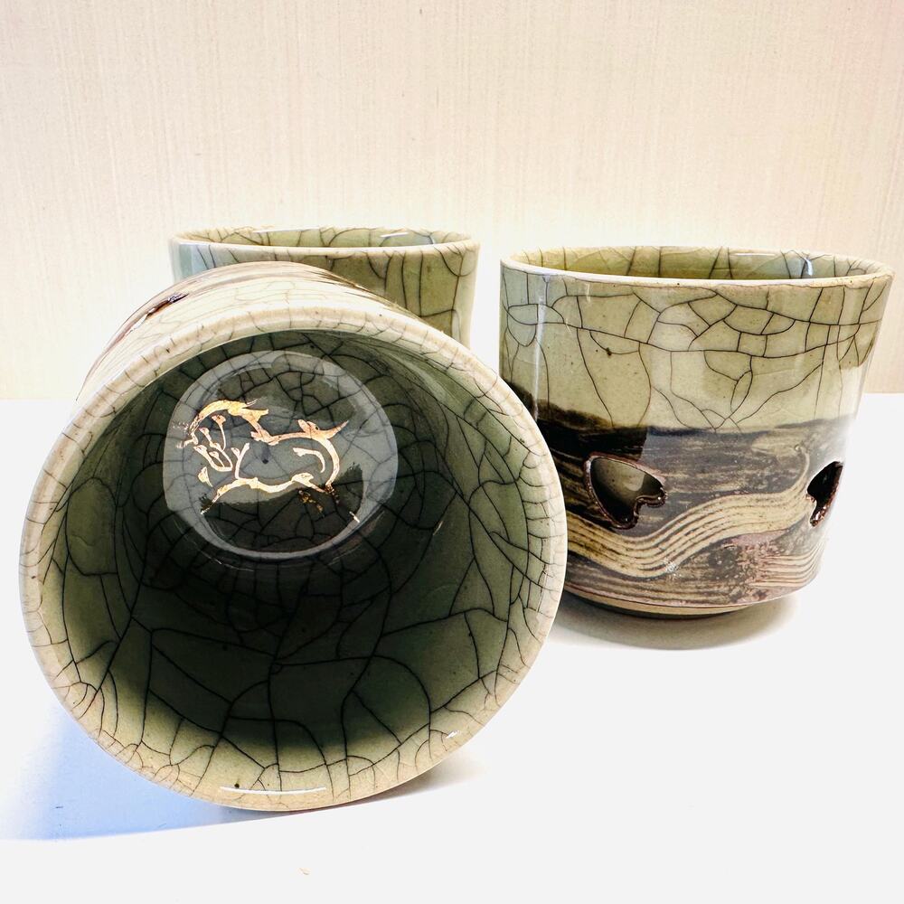 Three Vintage Otagiri Soma-Yaki Ware Double Wall Drinking Glass Cup Japanese